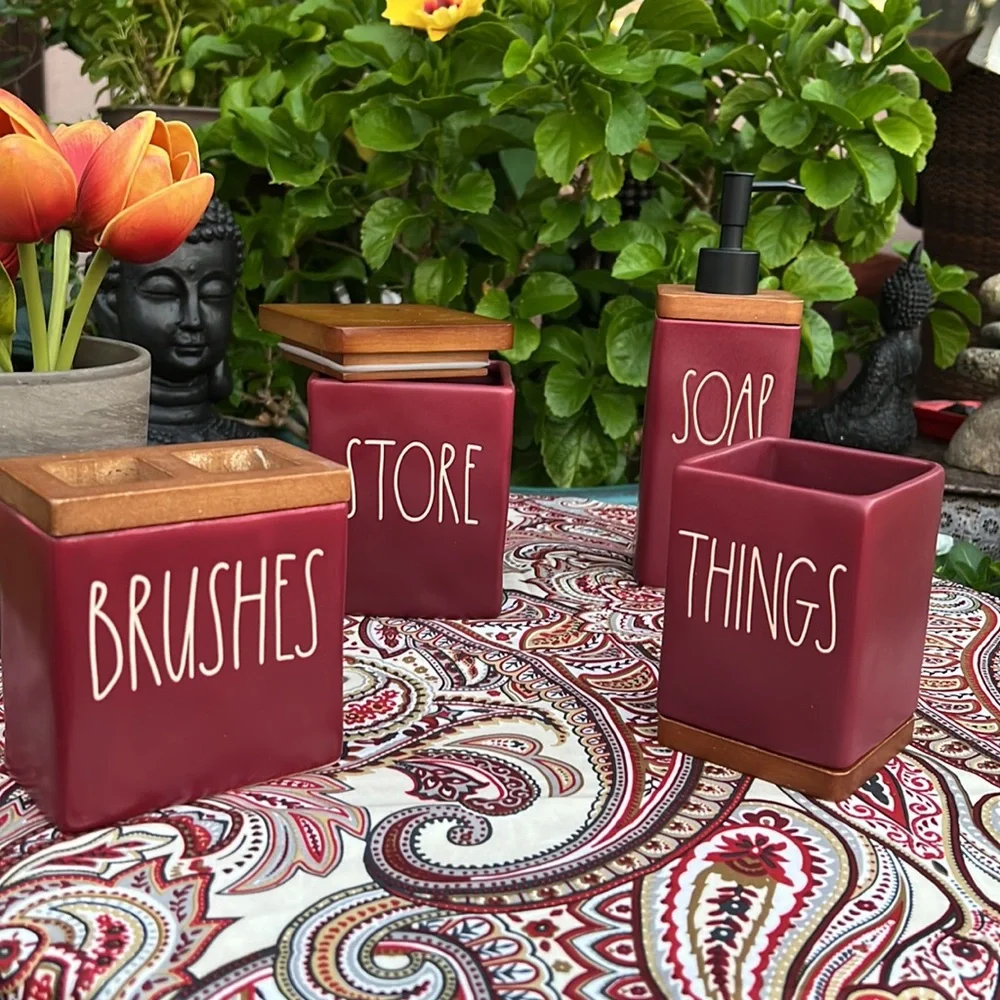New Rae Dunn Burgundy Bathroom Toiletries 4 Piece Accessories Set